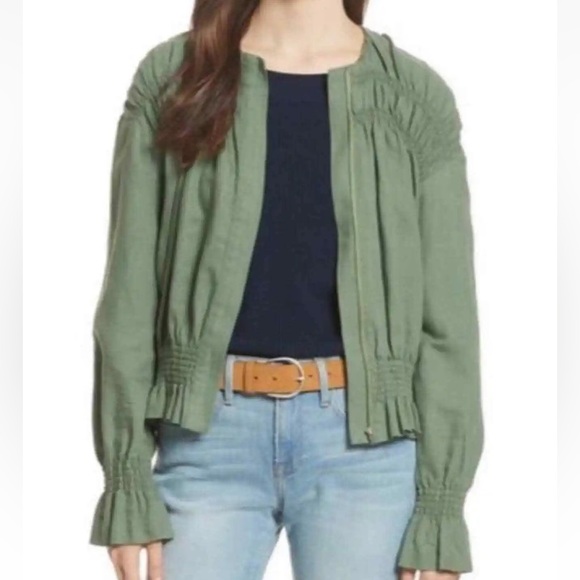 FRAME Denim Army Green Smocked Linen Bomber Jacket Size L - Picture 1 of 7